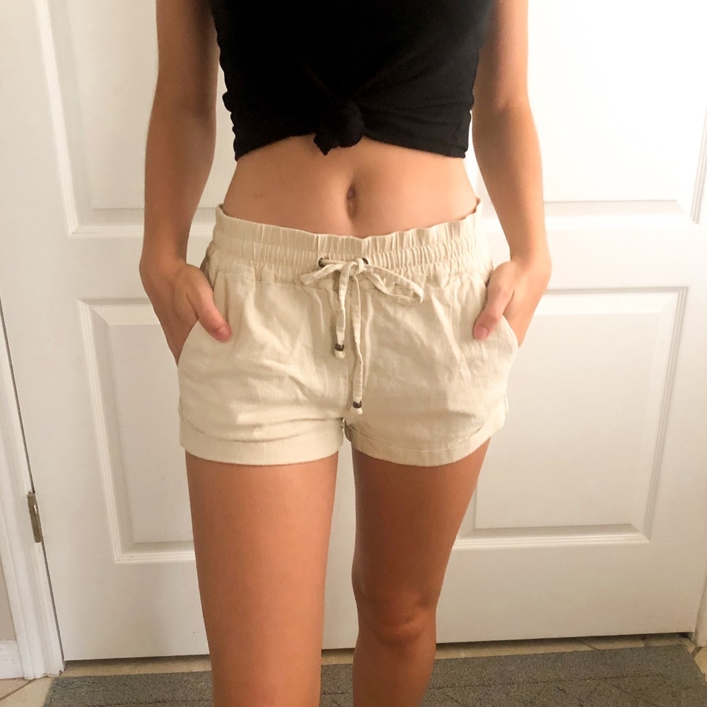 beige drawstring shorts